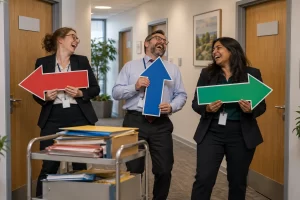 Three fictional healthcare policy workers laugh while holding direction arrows in an office corridor.