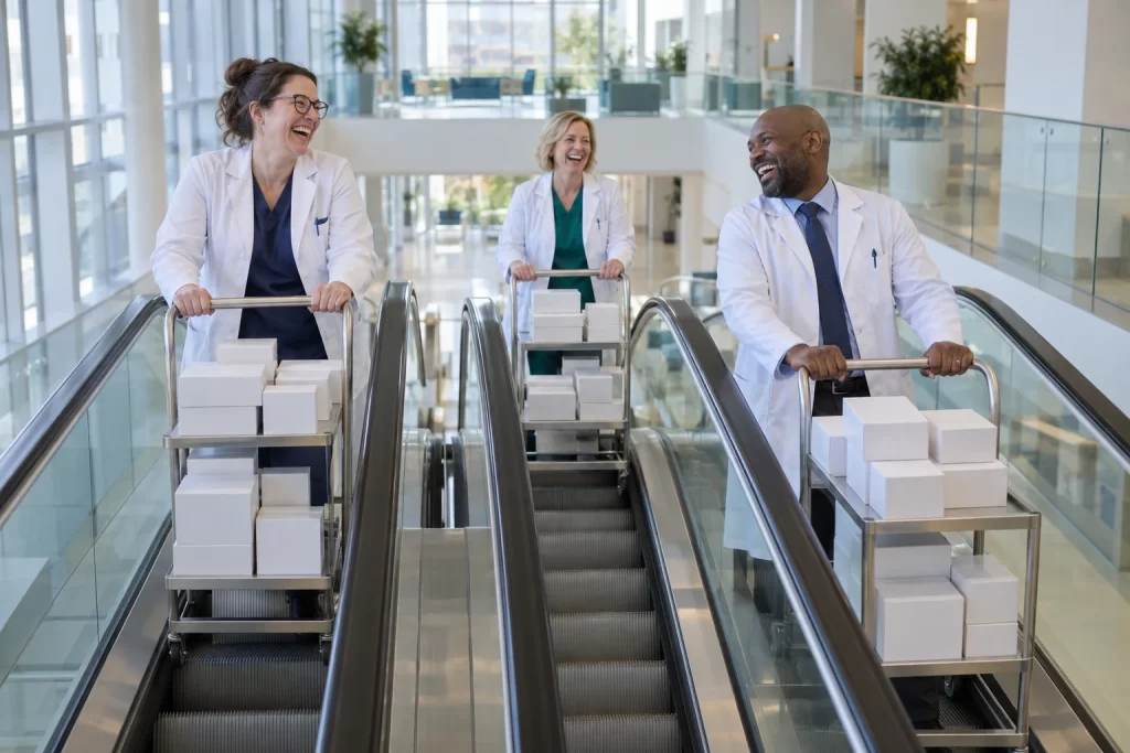 Three laughing hospital pharmacists ride parallel escalators with trolleys of blank medicine boxes.