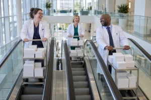 Three laughing hospital pharmacists ride parallel escalators with trolleys of blank medicine boxes.