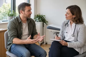 Man discussing health symptoms openly with a clinician in a calm consultation room