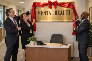 Three laughing administrators unveil a large mental health plaque above an empty reception desk.