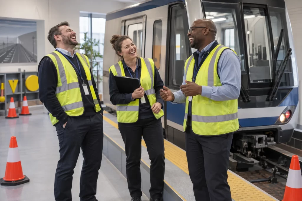 Three clearly laughing fictional adult educators stand beside a Metro safety training cab replica in an indoor railway safety classroom.