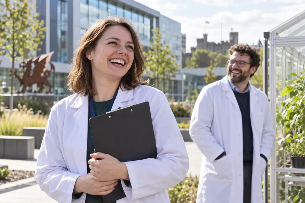 Two laughing regulatory scientists at fictional MHRA Wales life sciences engagement 2026 campus