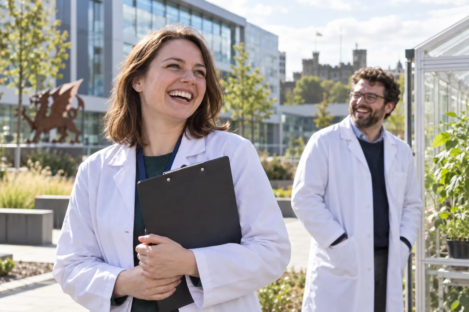 Two laughing regulatory scientists at fictional MHRA Wales life sciences engagement 2026 campus