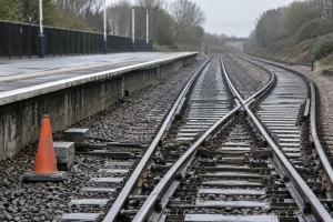 Freshly maintained railway points run beside an empty platform after rain.