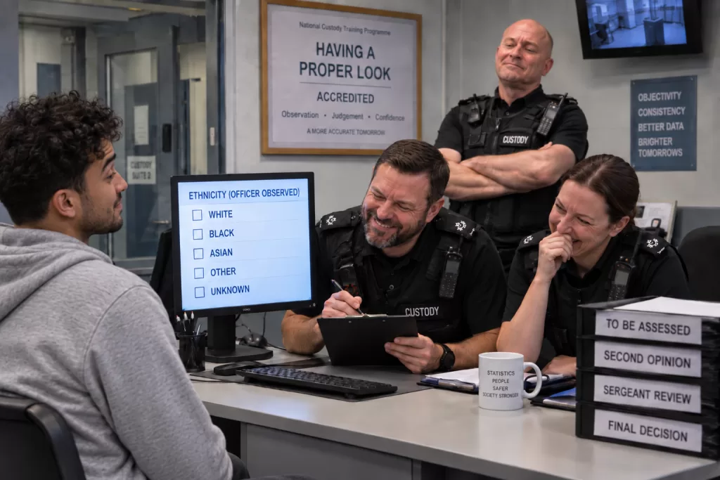A seated man faces three uniformed custody officers across a desk. A monitor between them displays ethnicity categories with empty checkboxes, while one officer writes on a clipboard and another stands behind with folded arms.
