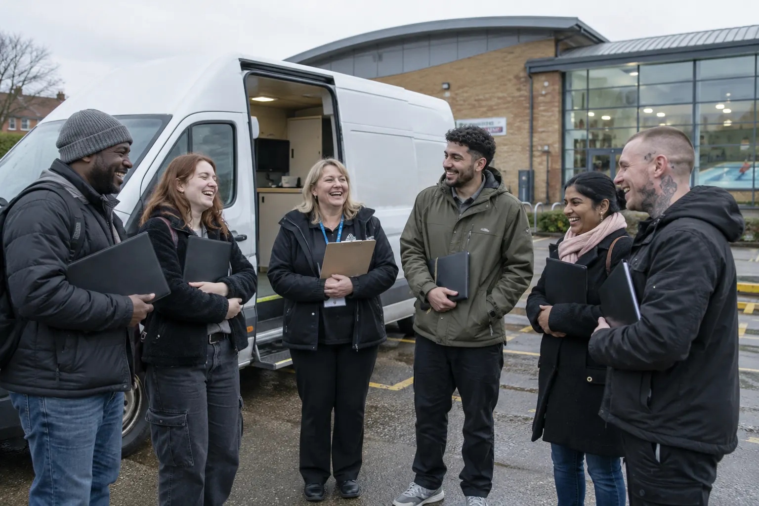 Five laughing adult jobseekers and an adviser stand beside a mobile employment-advice van.