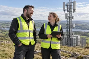 Two laughing mobile network engineers beside an unbranded mast for the UK mobile market review
