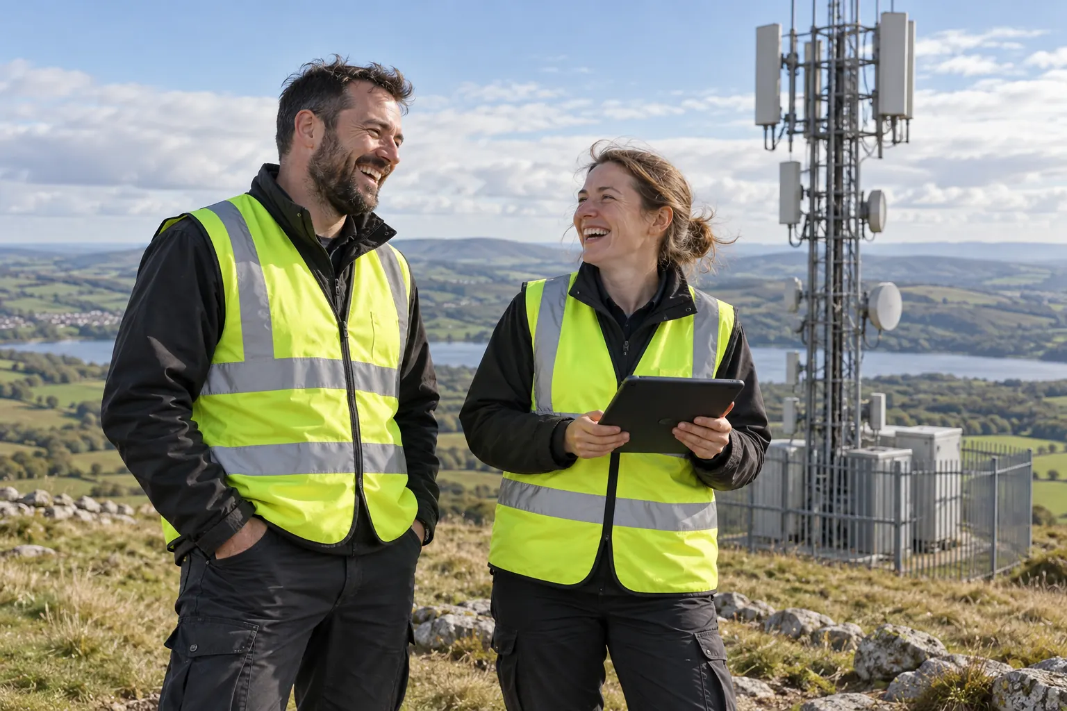 Two laughing mobile network engineers beside an unbranded mast for the UK mobile market review