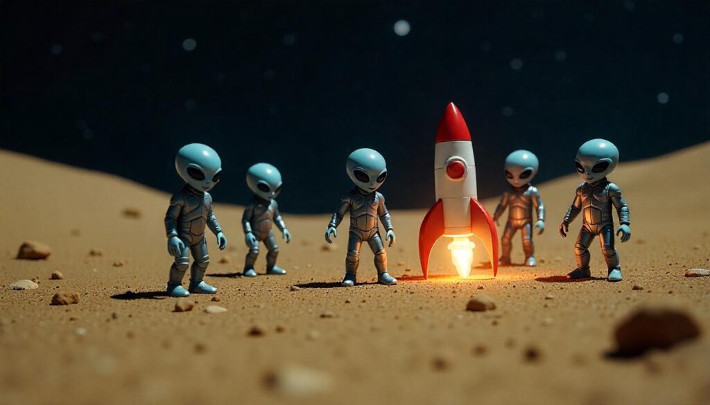 Satirical illustration for the article: Firefly Lands on Moon; Aliens Yawn at ‘Tiny’ Rocket
