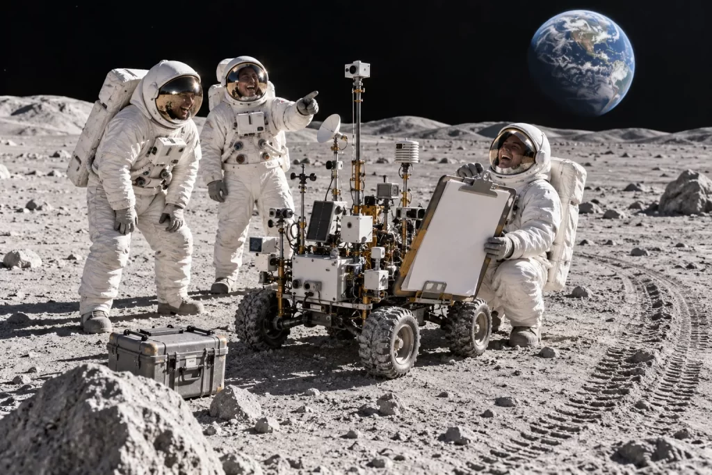 Three fictional lunar technicians laugh beside an over equipped Moon rover covered in scientific instruments while one holds an oversized clipboard.