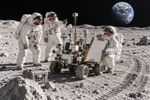 Three fictional lunar technicians laugh beside an over equipped Moon rover covered in scientific instruments while one holds an oversized clipboard.