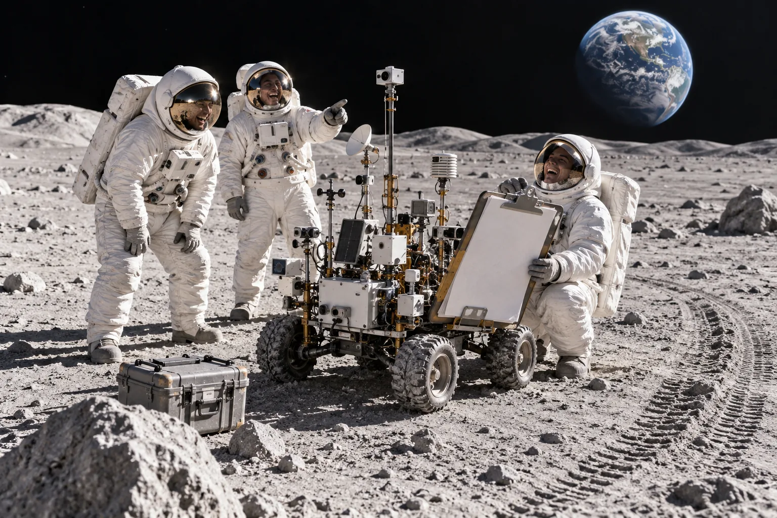 Three fictional lunar technicians laugh beside an over equipped Moon rover covered in scientific instruments while one holds an oversized clipboard.