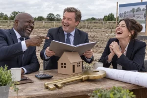 Three laughing mortgage executives present an agenda above a cardboard house beside an oversized key and an empty building plot.