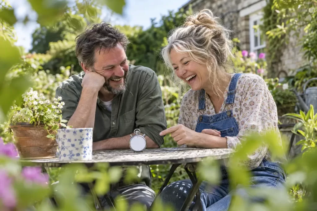Original editorial photograph of two laughing adults beside a small blank stopwatch in a sunny community health garden for motor neurone disease fast tracked care