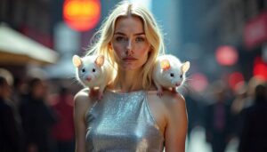 Satirical illustration for the article: Scientists Create Woolly Mice; Fashion Industry Excited for Tiny Fur Coats