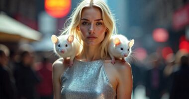 Satirical illustration for the article: Scientists Create Woolly Mice; Fashion Industry Excited for Tiny Fur Coats
