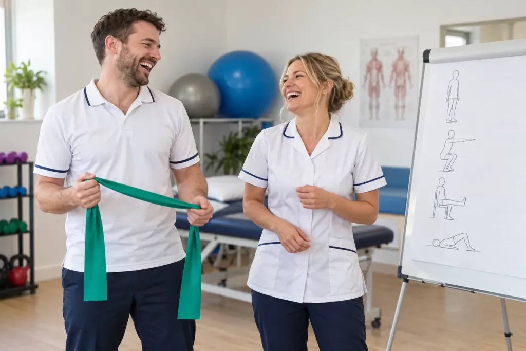 Two laughing physiotherapy staff with an exercise band for the musculoskeletal care community pilot