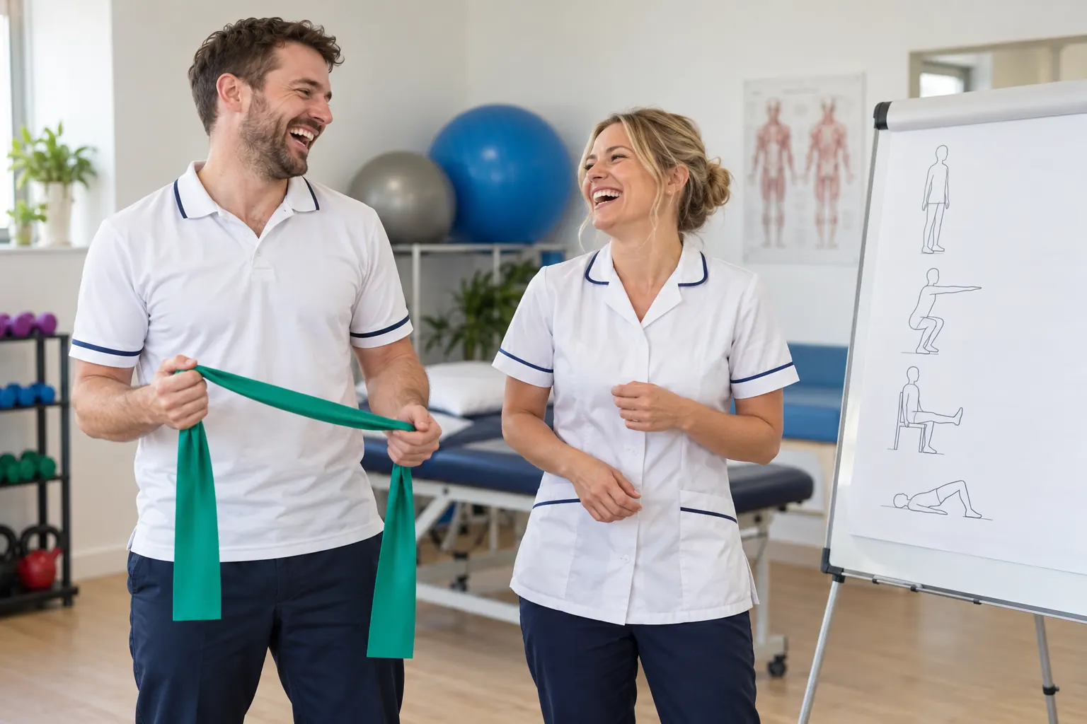 Two laughing physiotherapy staff with an exercise band for the musculoskeletal care community pilot