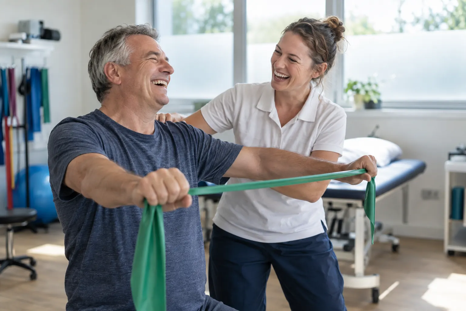 Two laughing adults using an exercise band in a fictional musculoskeletal care community rollout 2026 clinic