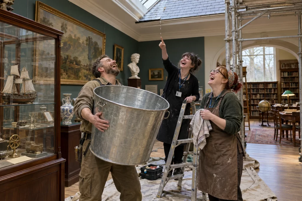Three fictional museum and library workers laugh while repairing a small roof drip with an oversized bucket.
