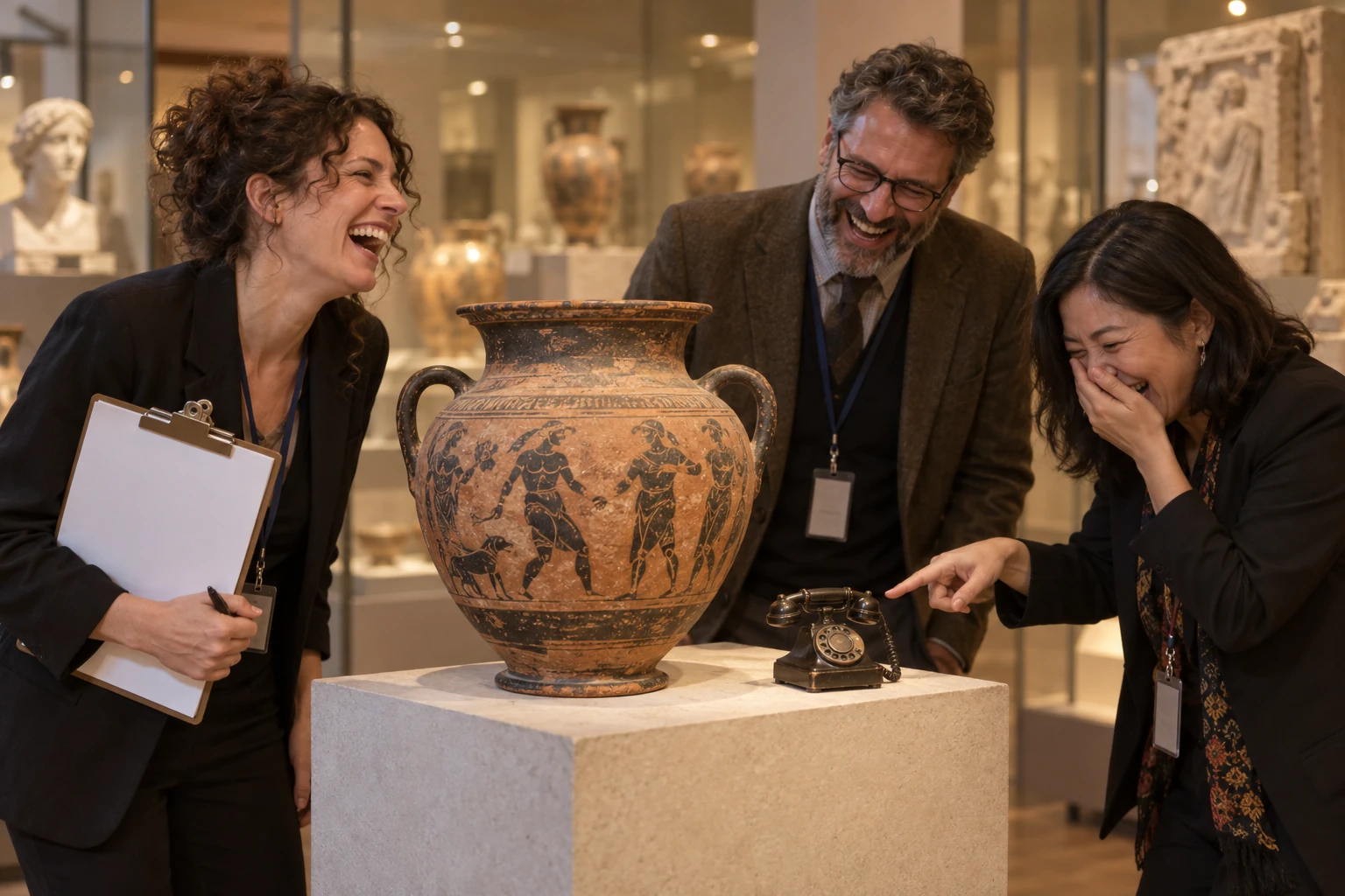 Three fictional adult museum curators clearly laugh beside an ancient terracotta pot and a tiny desk phone in a museum gallery.