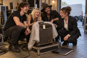 Four laughing fictional touring musicians and a music export official gather around a battered amplifier wearing bubble wrap and a blank passport tag.