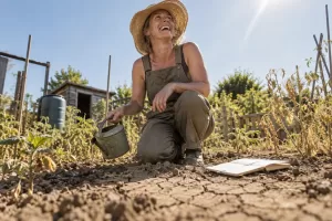Original editorial photograph of a laughing gardener with a watering can and spreadsheet for National Drought Group response
