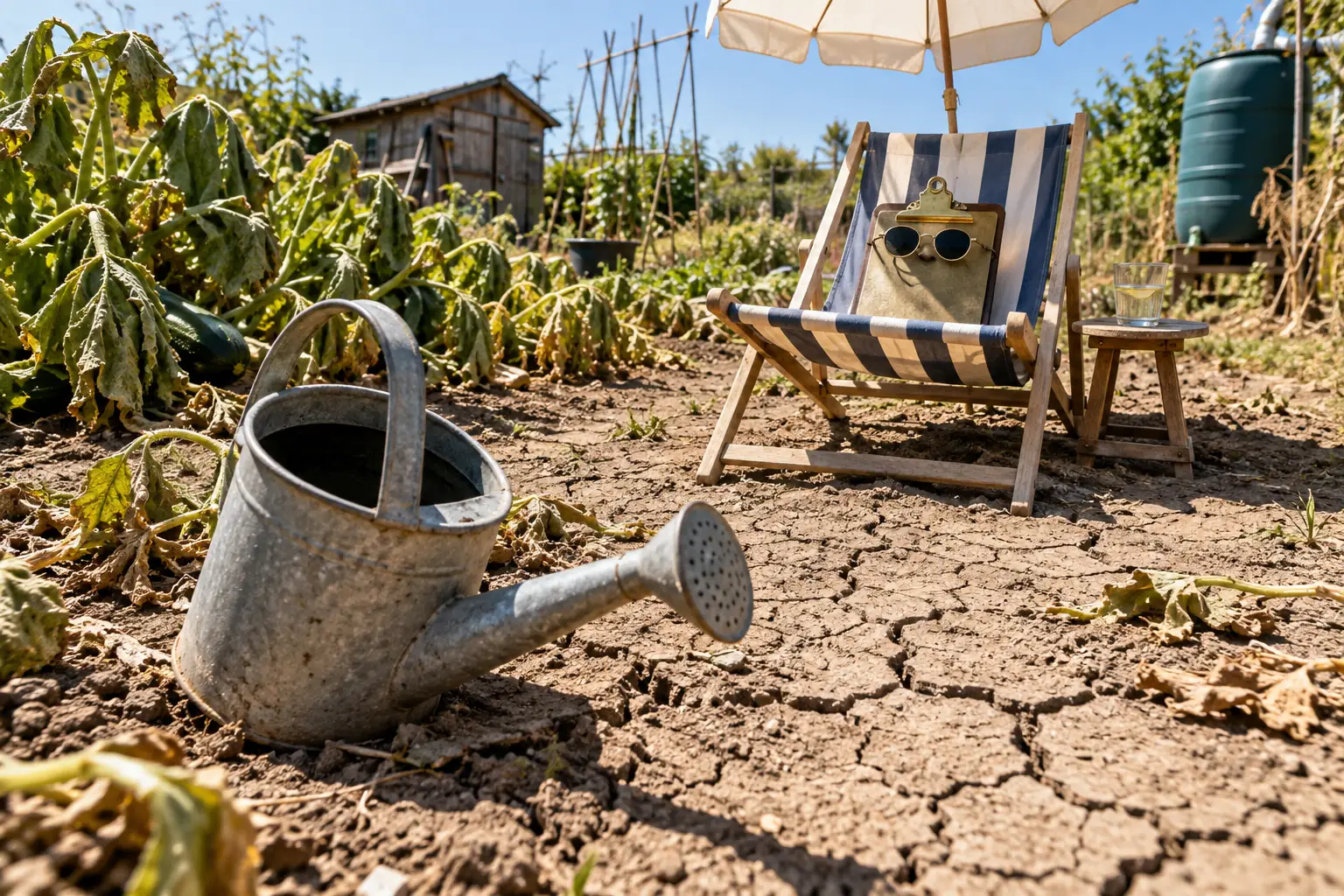 Empty watering can and clipboard in a deckchair for fictional National Drought Group summer 2026 editorial photograph