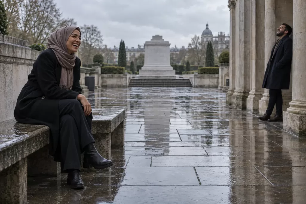 Two laughing memorial-design researchers at a fictional National Muslim War Memorial competition 2026 garden