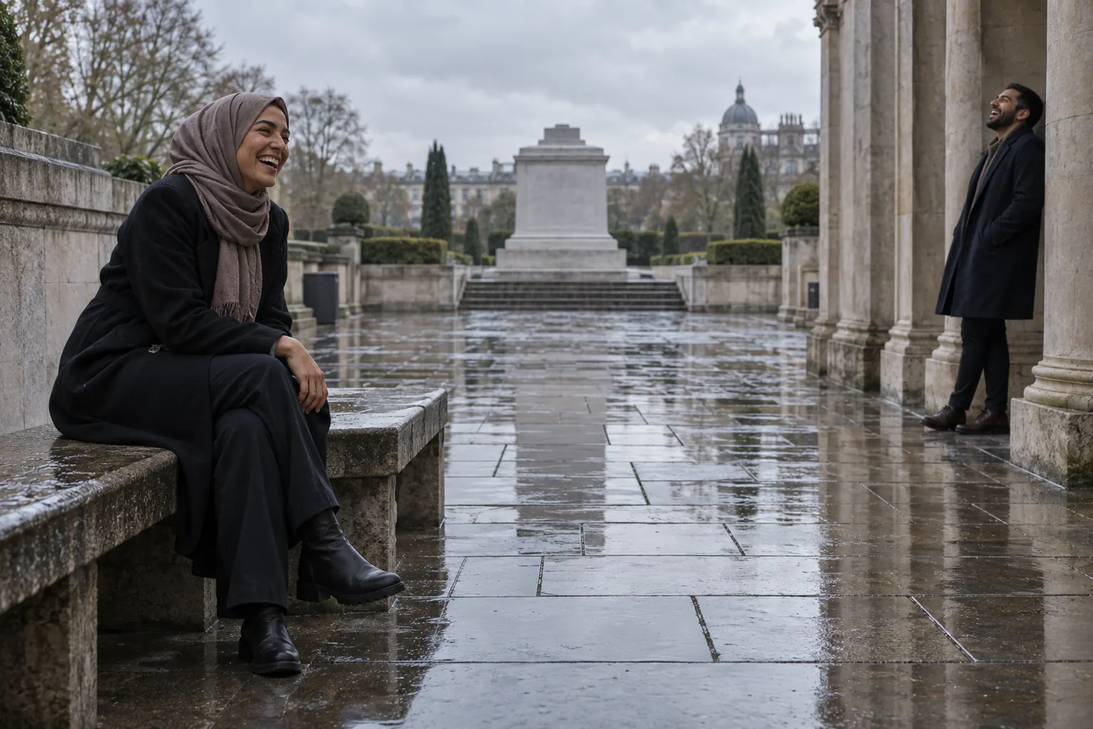 Two laughing memorial-design researchers at a fictional National Muslim War Memorial competition 2026 garden