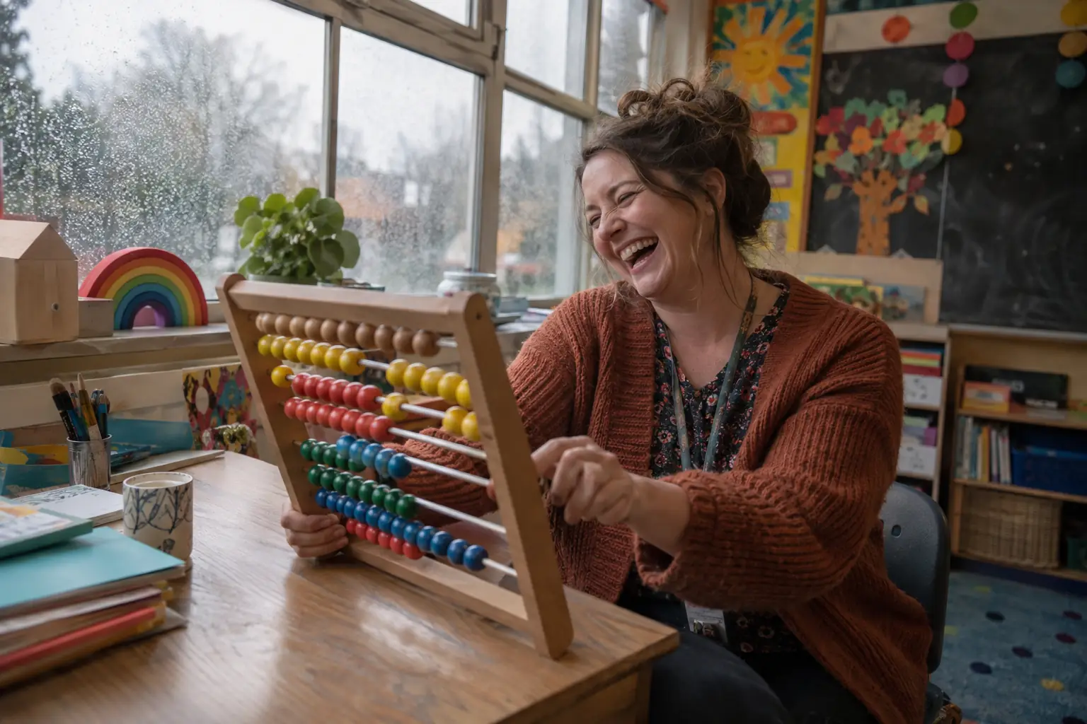 Original editorial photograph of a laughing teacher with an abacus in a classroom for national pupil projections