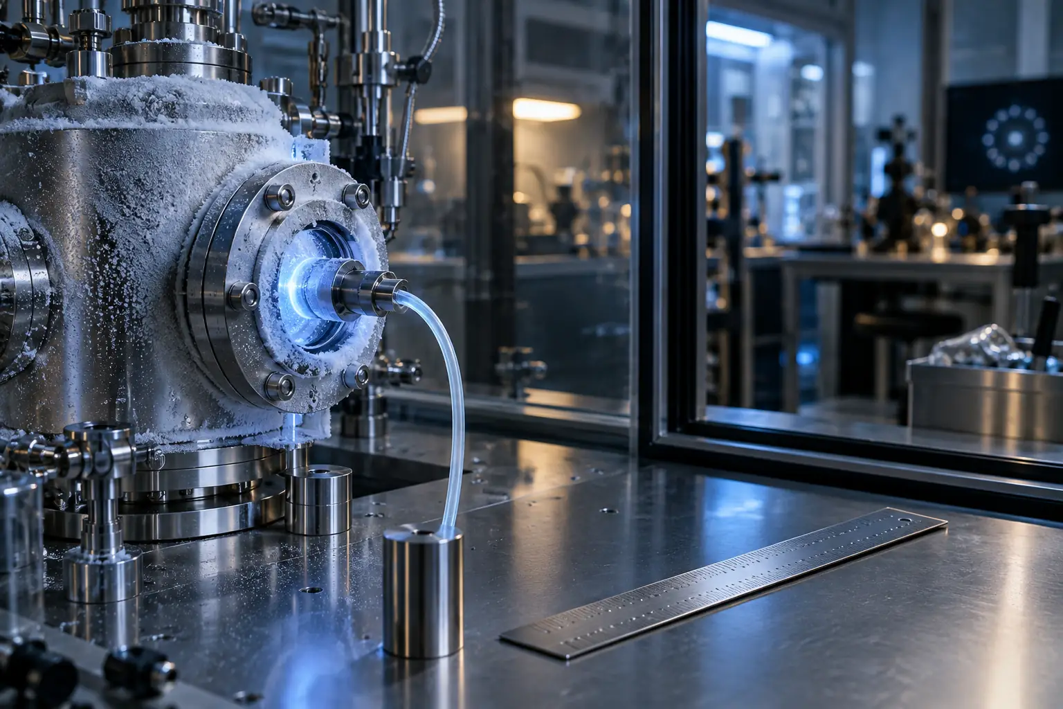 Cryogenic laboratory chamber for fictional National Quantum Standards Network editorial photograph
