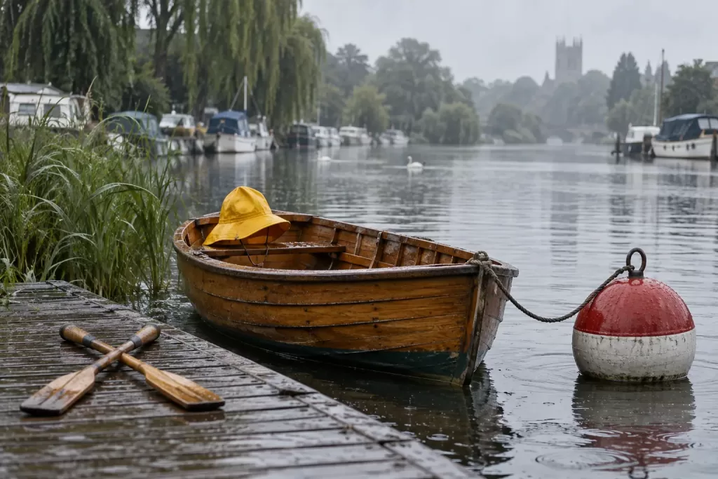 Original editorial photograph of a rain-hatted rowboat by a buoy for National Sea Scout Regatta 2026