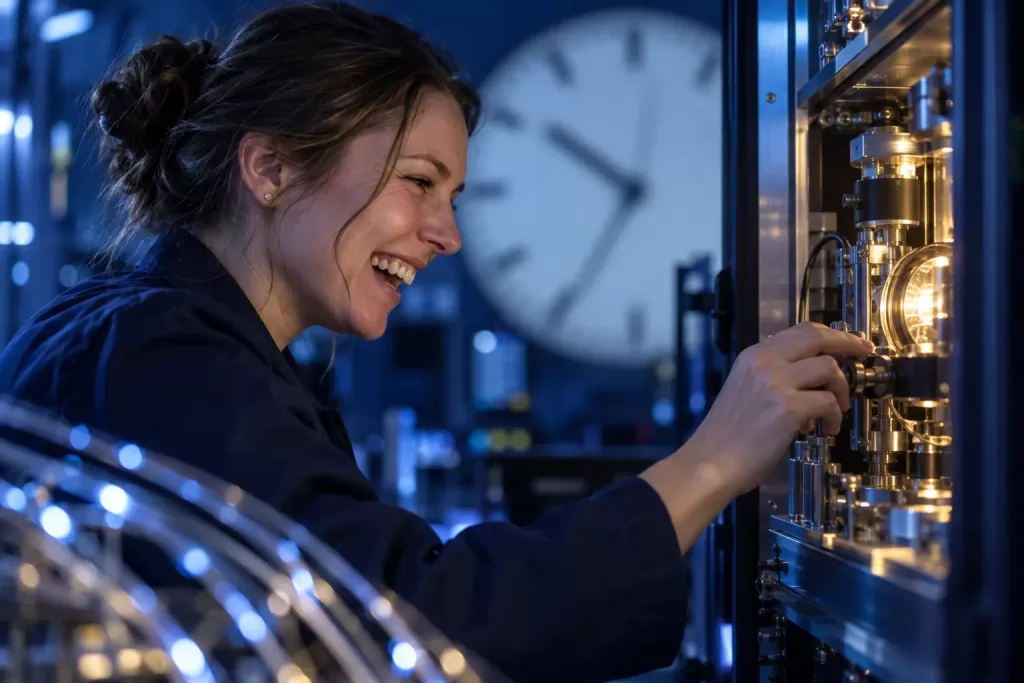 A laughing female technician adjusts a precision timing instrument with a blurred clock behind her.