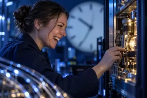 A laughing female technician adjusts a precision timing instrument with a blurred clock behind her.