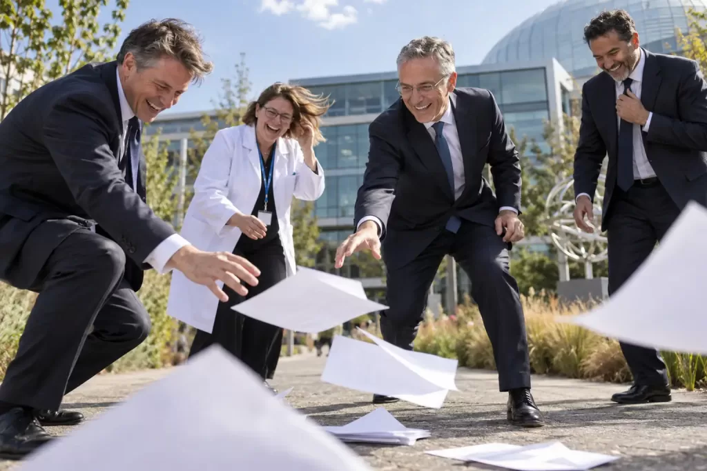 Laughing delegates chase blank papers outside a science campus