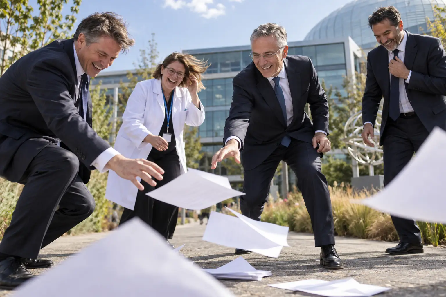 Laughing delegates chase blank papers outside a science campus