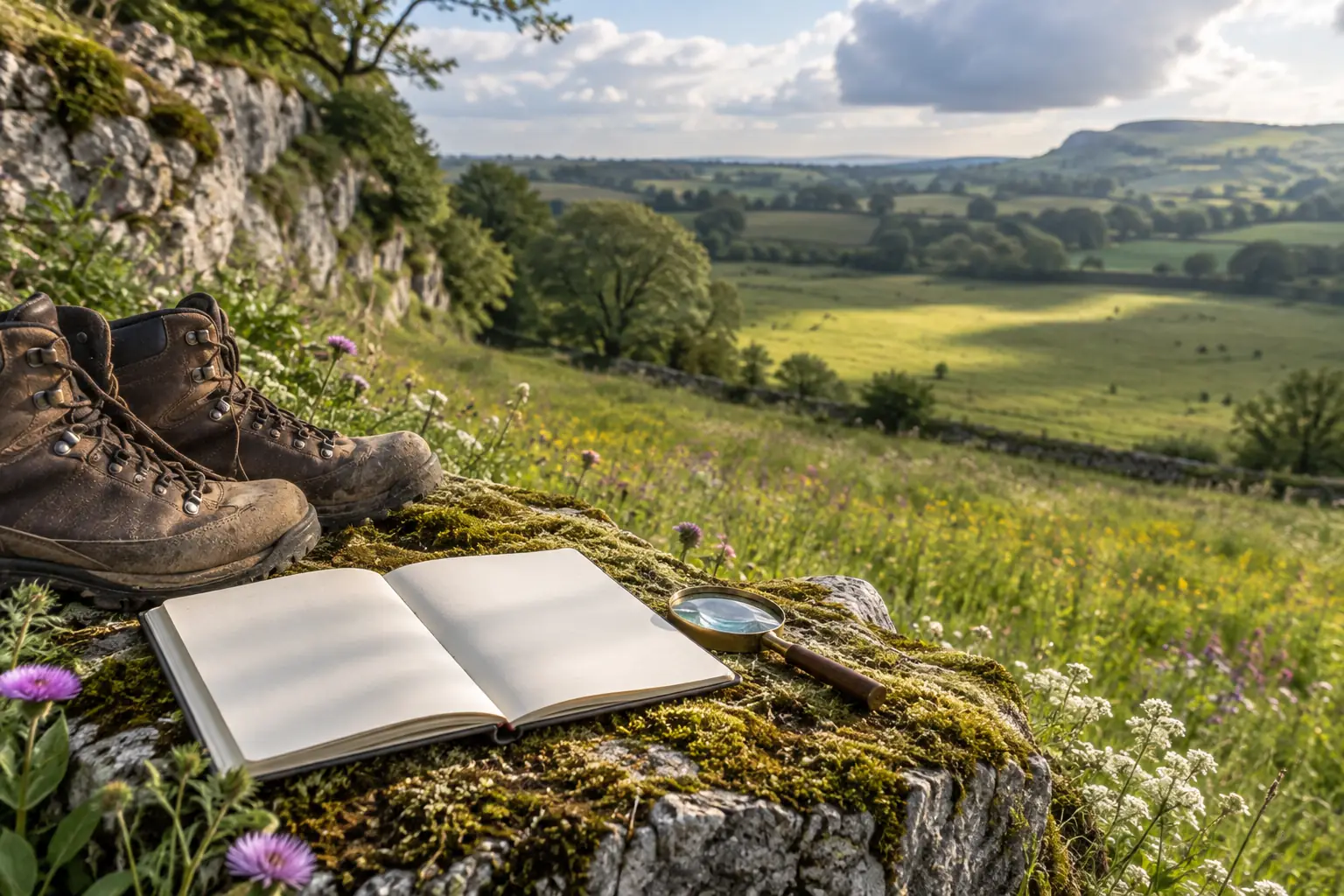 Field notebook and boots in fictional Natural History GCSE fieldwork 2026 editorial photograph