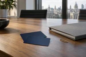 Two unmarked navy bank cards and a grey document folder rest on an oak boardroom table.