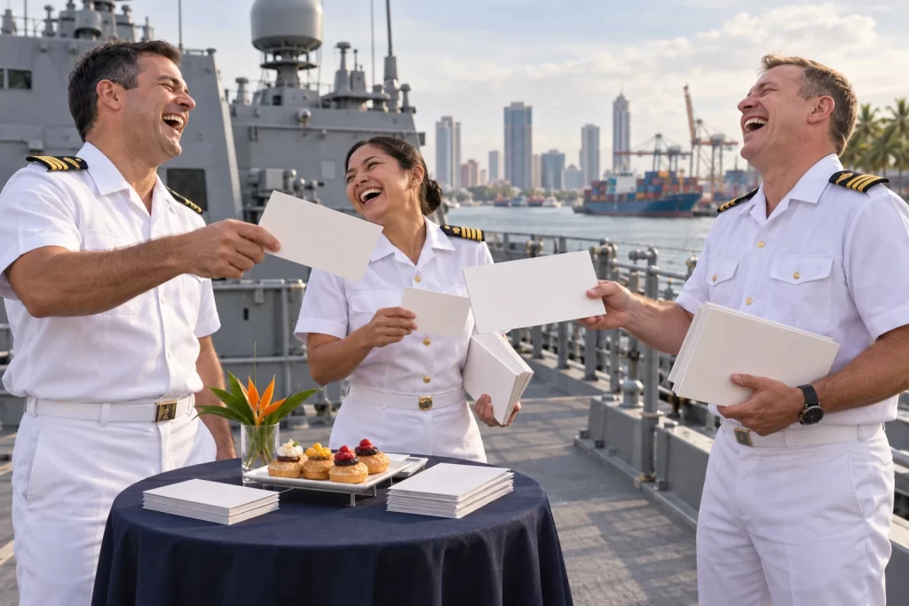 Three laughing naval officers exchange oversized blank business cards beside pastries on a frigate deck in a tropical harbour.
