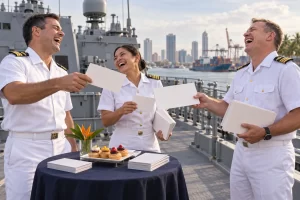 Three laughing naval officers exchange oversized blank business cards beside pastries on a frigate deck in a tropical harbour.