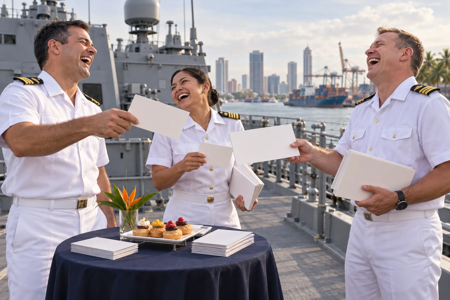 Three laughing naval officers exchange oversized blank business cards beside pastries on a frigate deck in a tropical harbour.