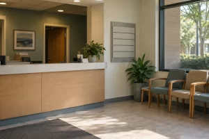 An empty community health reception has a tidy counter, plain waiting chairs, plants and blank directional panels.
