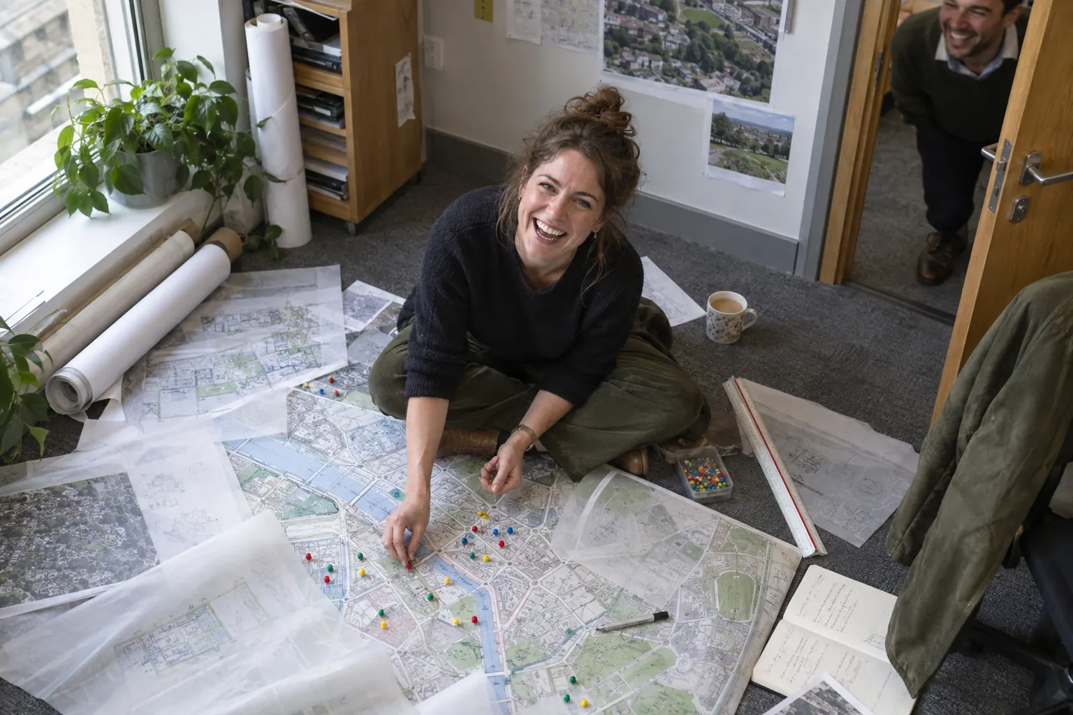 A laughing town planner sits cross-legged over a large map while a laughing colleague appears in the office doorway.