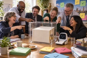 Six fictional healthcare policy workers laugh around a table as a rulebook sits sealed in a clear safety case beside a friendly AI note taking device.