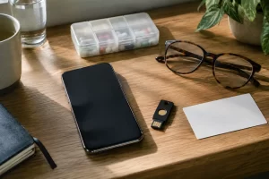 A blank smartphone, security key, medicine organiser, glasses and plain appointment card rest on a sunlit desk.