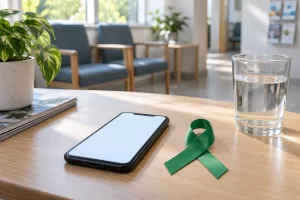 A plain smartphone with a blank glowing screen sits beside a green support ribbon and water glass in a clinic waiting room.