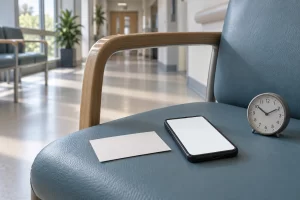 A blank appointment card and smartphone sit beside a small analogue clock on a hospital waiting room chair.