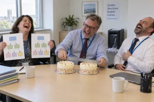 Three laughing administrators compare identical cakes with a ruler while holding duplicate organisational charts.